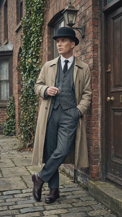 Mens Beige Vintage Style Trenchcoat Overcoat + Suit + Hat – Classic Long Trench Coat Inspired by Peaky Blinders Formal 1920s Package