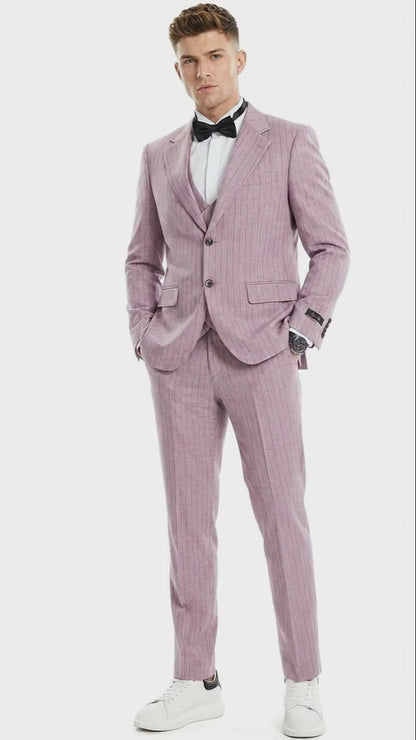 Men’s Dusty Rose Pink Pinstripe Three Piece Suit with Vest | Wedding and Party Formal Wear Prom or Church Suit