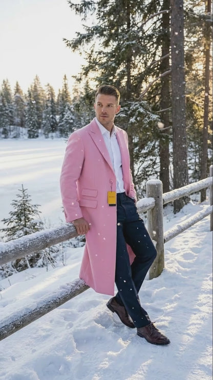 Mens Pink Wool Blend Long Overcoat  Slim Fit Tailored Winter Coat - Carcoat - Topcoat