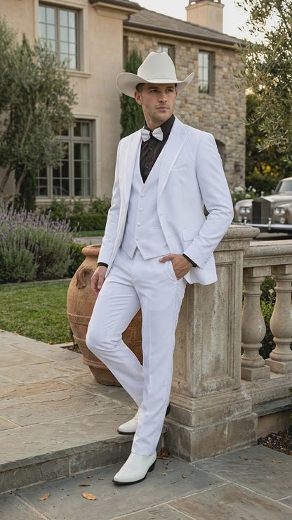 Men’s White Western Cowboy 3 Piece Tuxedo Suit, Formal Wedding Prom Groom Suit Set
