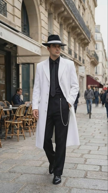 Men’s White Long Zoot Style Suit  | Vintage Gangster Mafia Formal Coat with Black Pants
