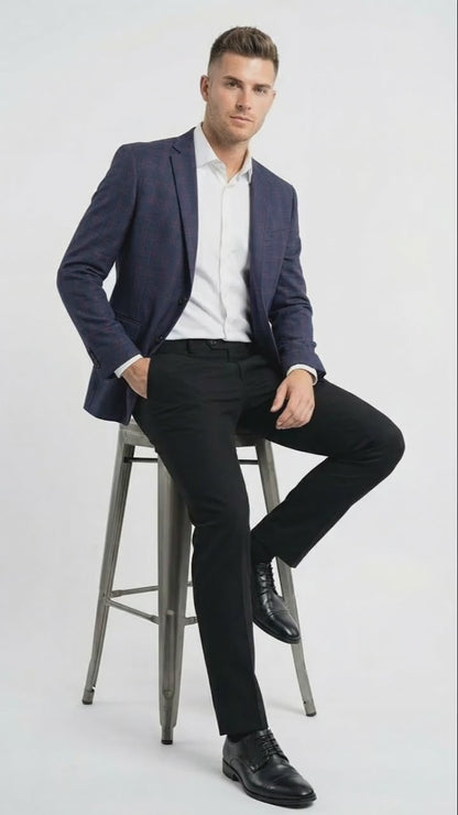 Mens Big and Tall Navy Blue with Burgundy Plaid Jacket and Sport Coat  Wool Blazer