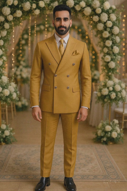 Mens Designer Modern Fit Double Breasted Wool Suit with Gold Buttons in Khaki Camel Bronze Color By Rossiman Brand