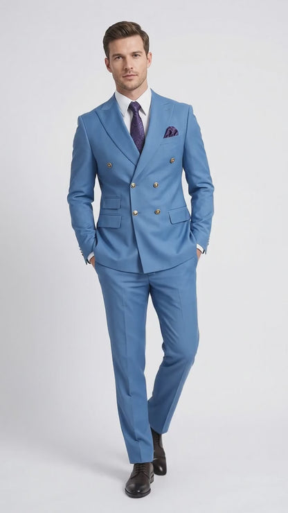 Men’s Sky Blue Double Breasted Suit with Gold Buttons, Designer Formal Wedding Business Suit