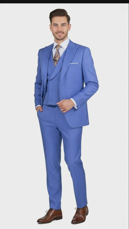 Mens Light Blue Double-Breasted 3-Piece Suit Set  Tailored Fit Formal Business Suit in Steel Blue Sky Blue Color