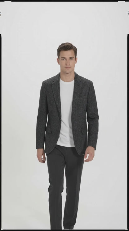 Men’s Charcoal Herringbone Tweed Sport Coat – Classic Textured Wool-Style Blazer