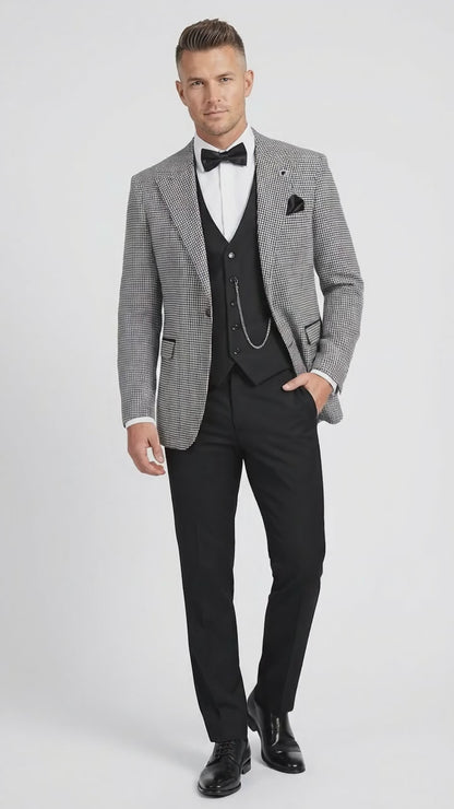 Men’s Black and White Houndstooth Gatsby Inspired Suit – Vintage Style Formal Suit for Wedding, Prom and Classic Events Blazer + Black vest + Black Pants