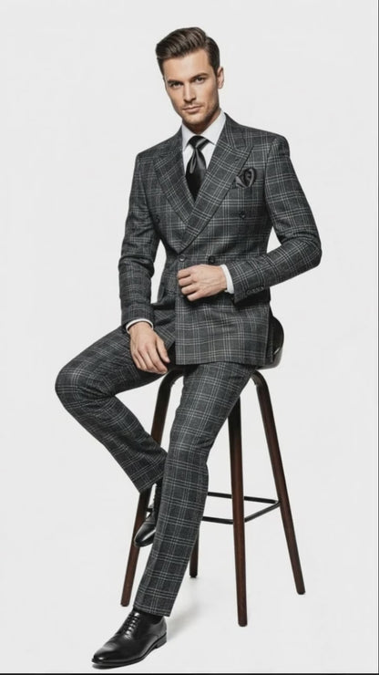 Mens Charcoal Plaid Double-Breasted Suit   Tailored Pants Windowpane Pattern By Rossiman