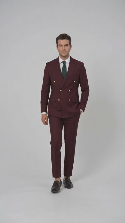 Men’s Burgundy Slim Fit Double Breasted Suit with Gold Buttons, Designer Formal Wedding Suit