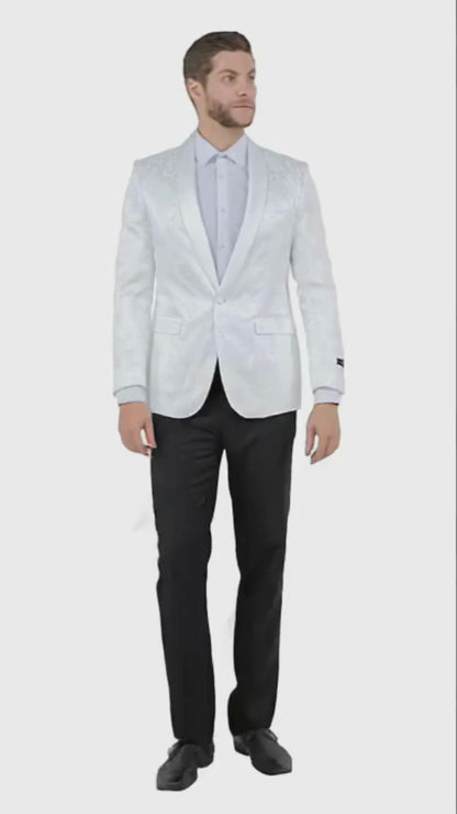 Big and Tall Mens Silver Gray Paisley Tuxedo Jacket  Satin Shawl Lapel Blazer for Weddings, Proms, and Formal Events