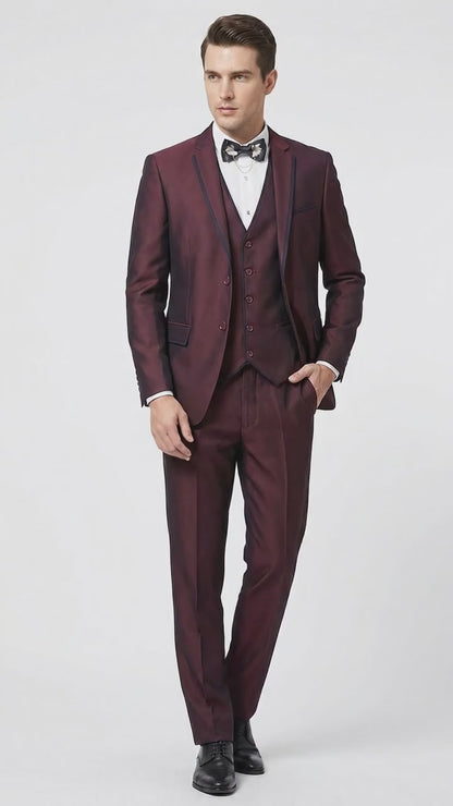 Men’s Burgundy Sharkskin Tuxedo with Satin Trim, Vested Formal Wedding and Prom Suit