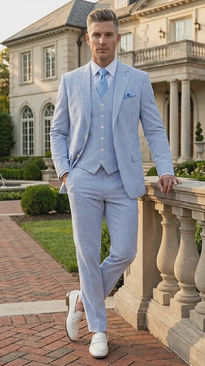 Men’s Light Blue Seersucker Jacket + Pants Suit with 2 Button Jacket, Summer Wedding Formal Dress Suit