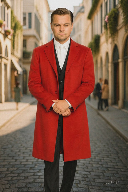 Men's Three Buttons Red Wool Fabric Overcoat / Long men's Dress Topcoat - Winter coat