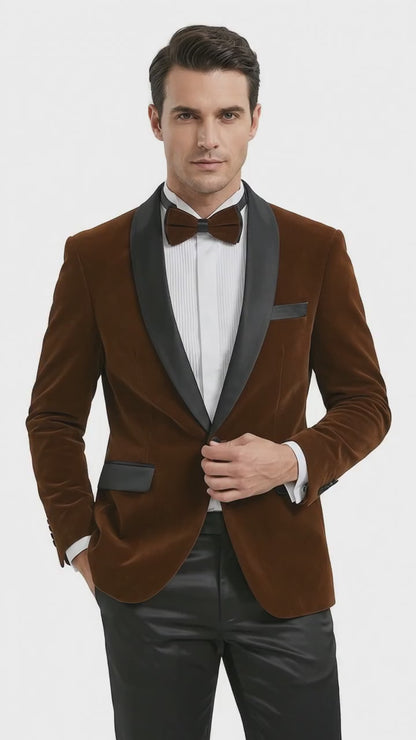 Men’s Brown Camel Bronze Velvet Tuxedo Jacket, Shawl Lapel Wedding Prom Dinner Blazer - Blazer Sportcoat