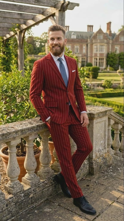 Men's Red Pinstripe Suit - Stripe Two-Button Vested Suit 2 Buttons