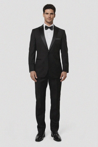 Mens Modern Fit 1 Button Peak Wool Tuxedo in Black