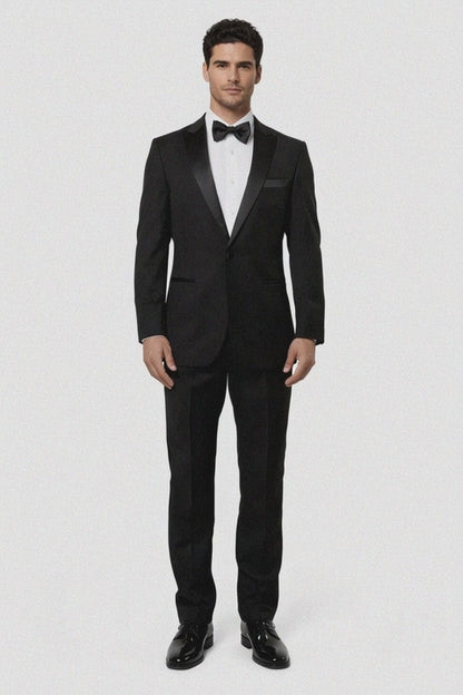 Mens Modern Fit 1 Button Peak Wool Tuxedo in Black
