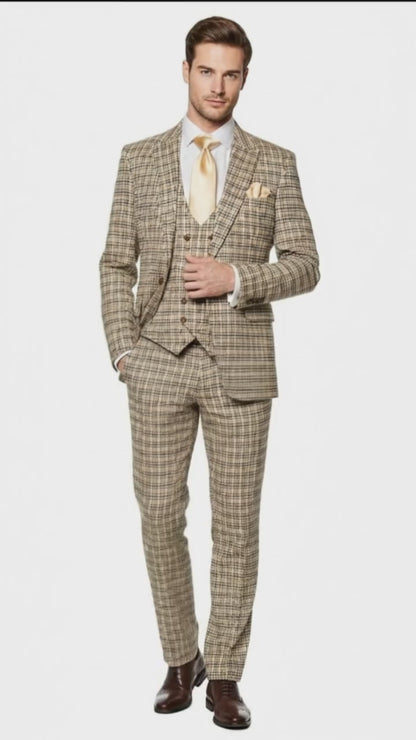 Men’s Beige and Navy Check 3-Piece Suit Set – Premium Tailored Fit Formal Wedding and Business Suit By Rossiman