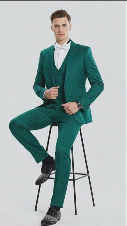 Mens Emerald Green Textured 3-Piece Suit  Polk Dot Pattern Formal Wedding, Prom, and Evening Wear Outfit