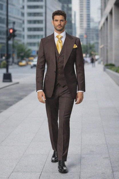 Suits With Baggy Pleated Pants - Wide Leg Pants 100% Wool - Classic Fit in Brown One Button 3 Piece Suit  by Rossiman