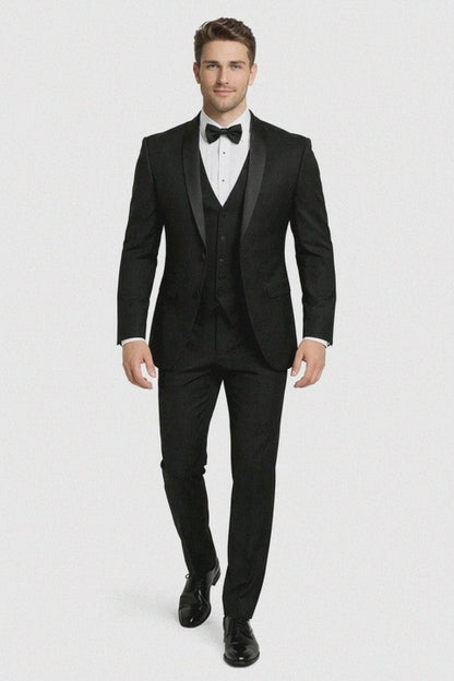 Mens One Button Satin Trim Shawl Tuxedo in Black Wool