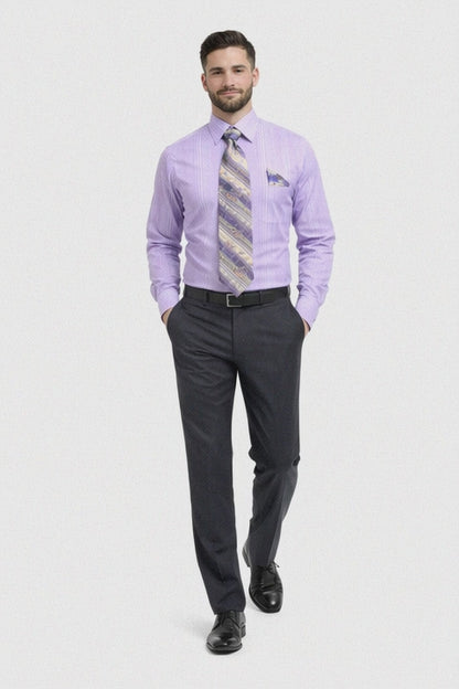 Men's Tonal Stripe French Cuff Dress Shirt, Tie & Hanky Set in Lavender
