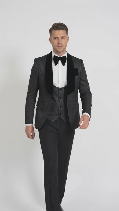 Rossi Man RM1446 Men’s Black Floral Jacquard 3 Piece Smoking Tuxedo Suit, Velvet Shawl Lapel Wedding Prom Suit