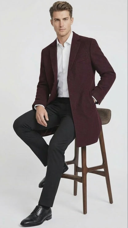 Mens Burgundy Mid-Length Overcoat  Classic Fit Wool Blend Dress Coat Three Quarter Carcoat Topcoat