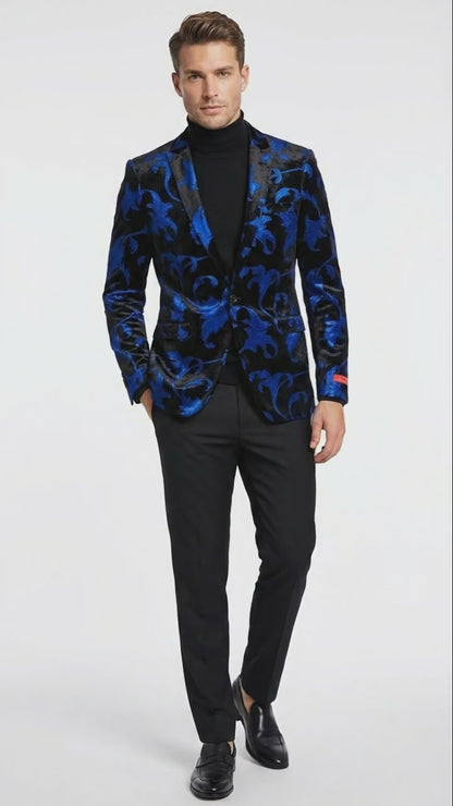 Men’s Black and Royal Blue Patterned Blazer – Paisley Floral Sport Coat Prom Jacket