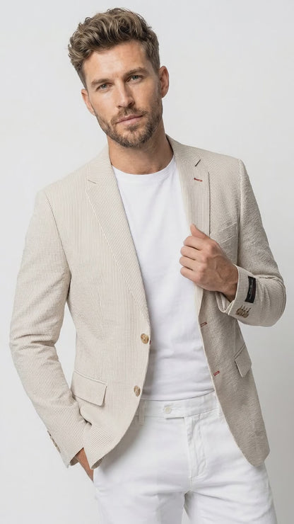 Men’s Beige Seersucker Summer Blazer, Lightweight Striped Sport Coat for Weddings, Parties, Beach Events in Tan Color