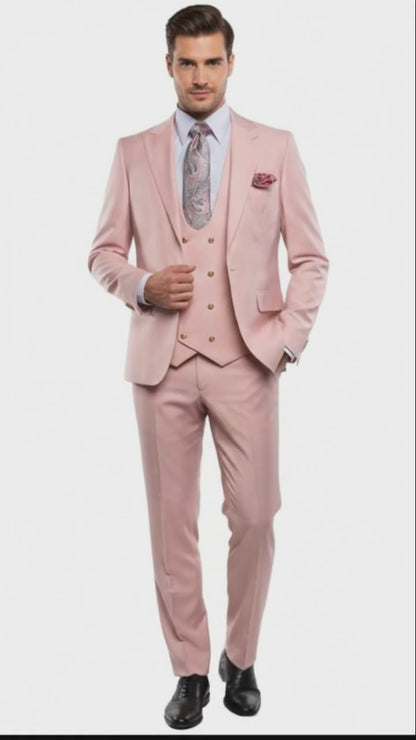 Rossiman Pink Men's Slim Fit Suit Double Brest Vest Flat Front Pants