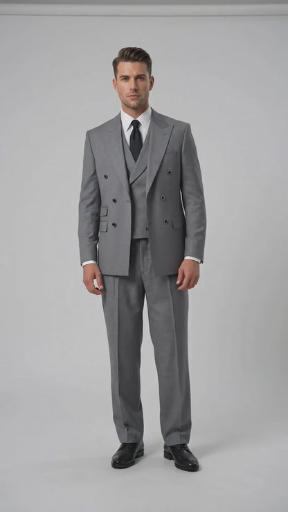 Tiglio Rosso Men’s Gray Super 150’s Italian Wool 3-Piece Suit – Double-Breasted Jacket, Vest and Wide-Leg Pants