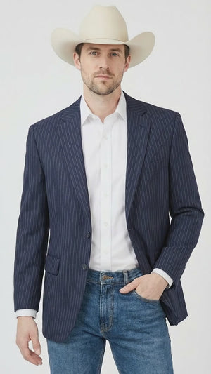 Mens Navy Blue Pinstripe Western Blazer – Classic Cowboy Style Jacket for Business, Formal and Smart Casual Wear
