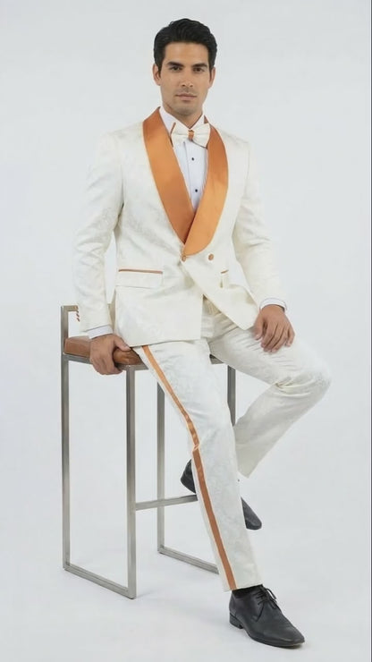 Men's Ivory and Gold Jacquard Tuxedo Suit  Bowtie  Formal Wedding, Prom, and Gala Outfit in Cream Off White color