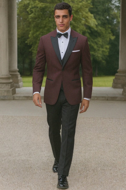 Mens Designer Marbella One Button Peak Tuxedo in Burgundy