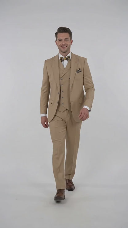 Men’s Camel 100% Wool 3-Piece Suit – One-Button Notch Lapel Suit with Double-Breasted Vest and Wide-Leg Pants