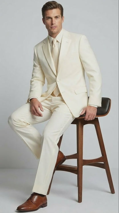 Mens Ivory Tuxedo Suit with Satin Notch Lapel  Formal Wedding and Evening Wear Suit in Cream Off White Color