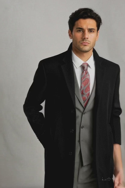 Men's Black Wool & Cashmere Overcoat  Classic Full Length Topcoat