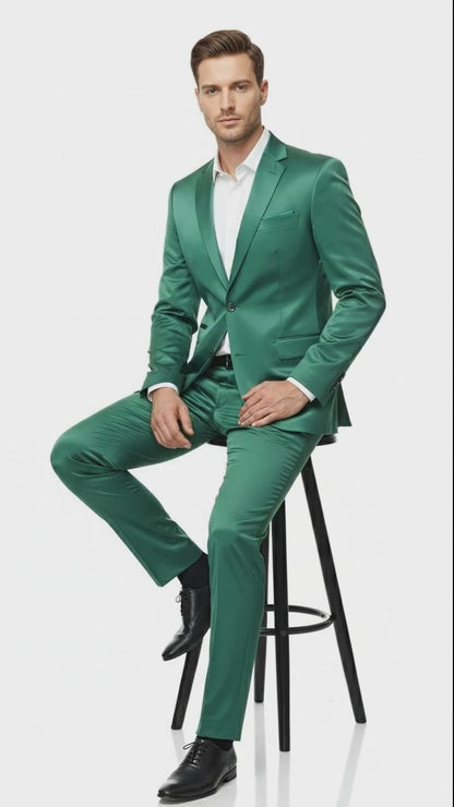 Mens Shiny emerald Green Sateen 2-Piece Slim Fit Suit  Formal Blazer and Pants Set Prom Wedding