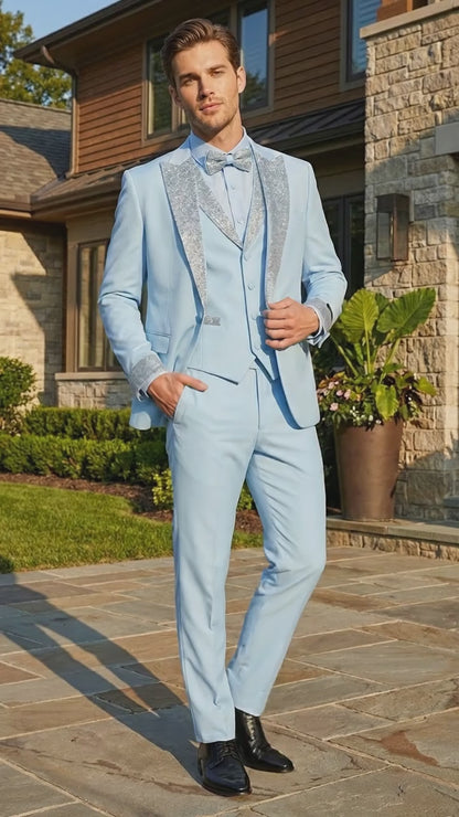Men’s Light Blue Suit with Silver Glitter Lapel – Light Blue Formal Tuxedo Suit for Prom, Wedding and Special Occasion Wear in Sky Baby Blue