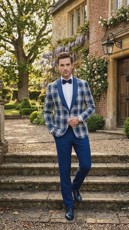 Men’s Tartan Blue Plaid and Solid Blue Tuxedo – Modern Check Pattern Formal Suit for New Year - Christmas - Holiday Jacket with Pants