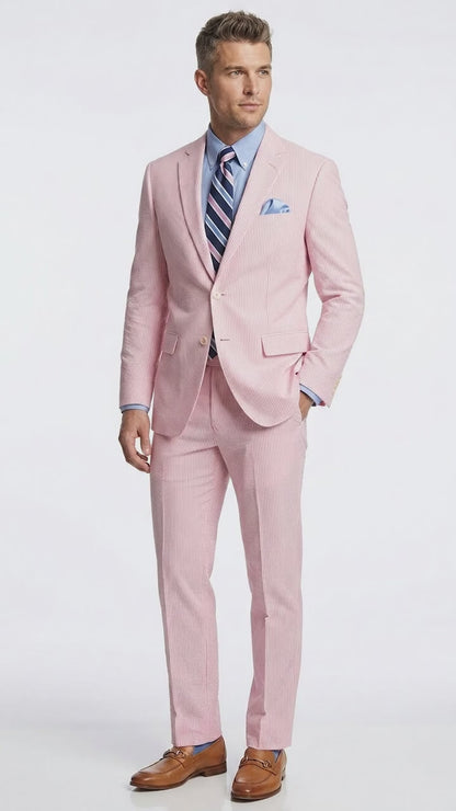 Men’s Pink Seersucker 2 Piece Suit, Lightweight Summer Dress Suit for Weddings, Prom, Parties, and Special Occasions