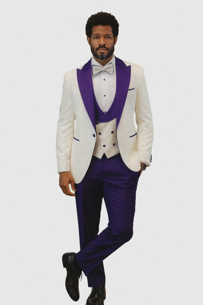 Hilton White and Purple Paisley Peak Lapel Tuxedo Jacket with Matching Shawl Vest and Wool Pants  Includes Bow Tie