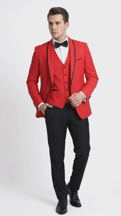 Men’s Red and Black One Button Shawl Tuxedo with Satin Trim, Formal Wedding Prom Dinner Suit