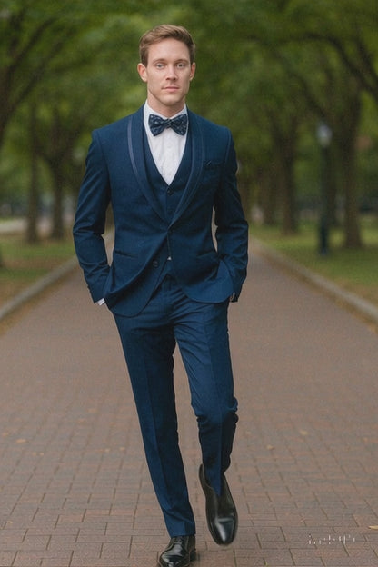 Mens Navy Blue with Blue Trim Three-Piece Tuxedo with Satin Shawl Lapel and Bow Tie Wedding Suit