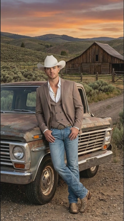 Men’s Light Grey Cowboy Blazer with Double breasted Vest – Western Two Piece Suit Pants included