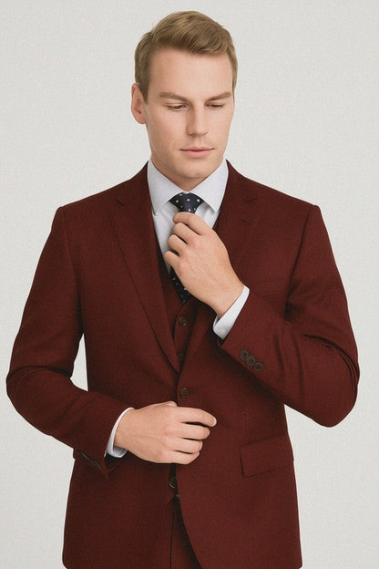 Mens Savvy Slim Vested Suit Burgundy
