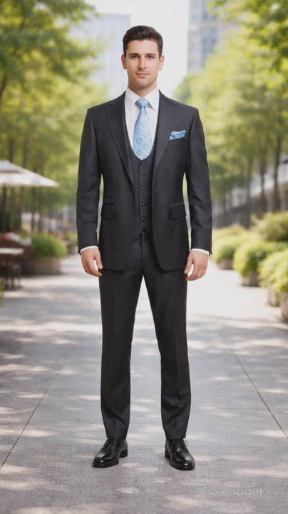 Rossiman Men's Dark Gray Slim Fit Suit ?? 3-Piece Vested Set with Flat Front Pants