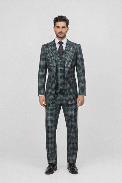 Suits With Baggy Pleated Pants - Wide Leg Pants 100% Wool - Classic Fit in Green Color by Rossiman