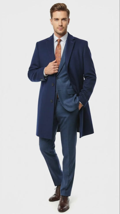 Mens Cobalt Blue Wool and Cashmere Car Coat Overcoat  Classic Winter Topcoat for Indigo Sapphire Color (light Navy Dark Royal)
